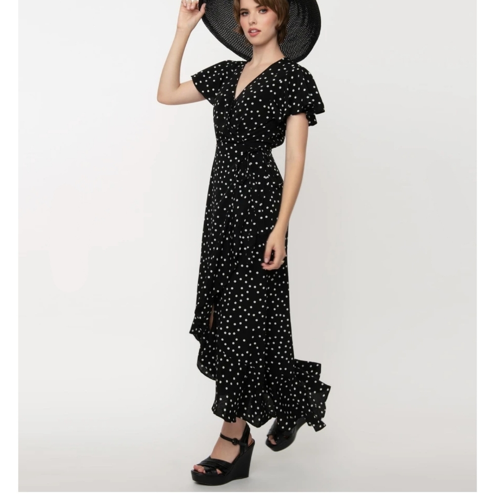 Crystal doll polka dot black wrap maxi dress